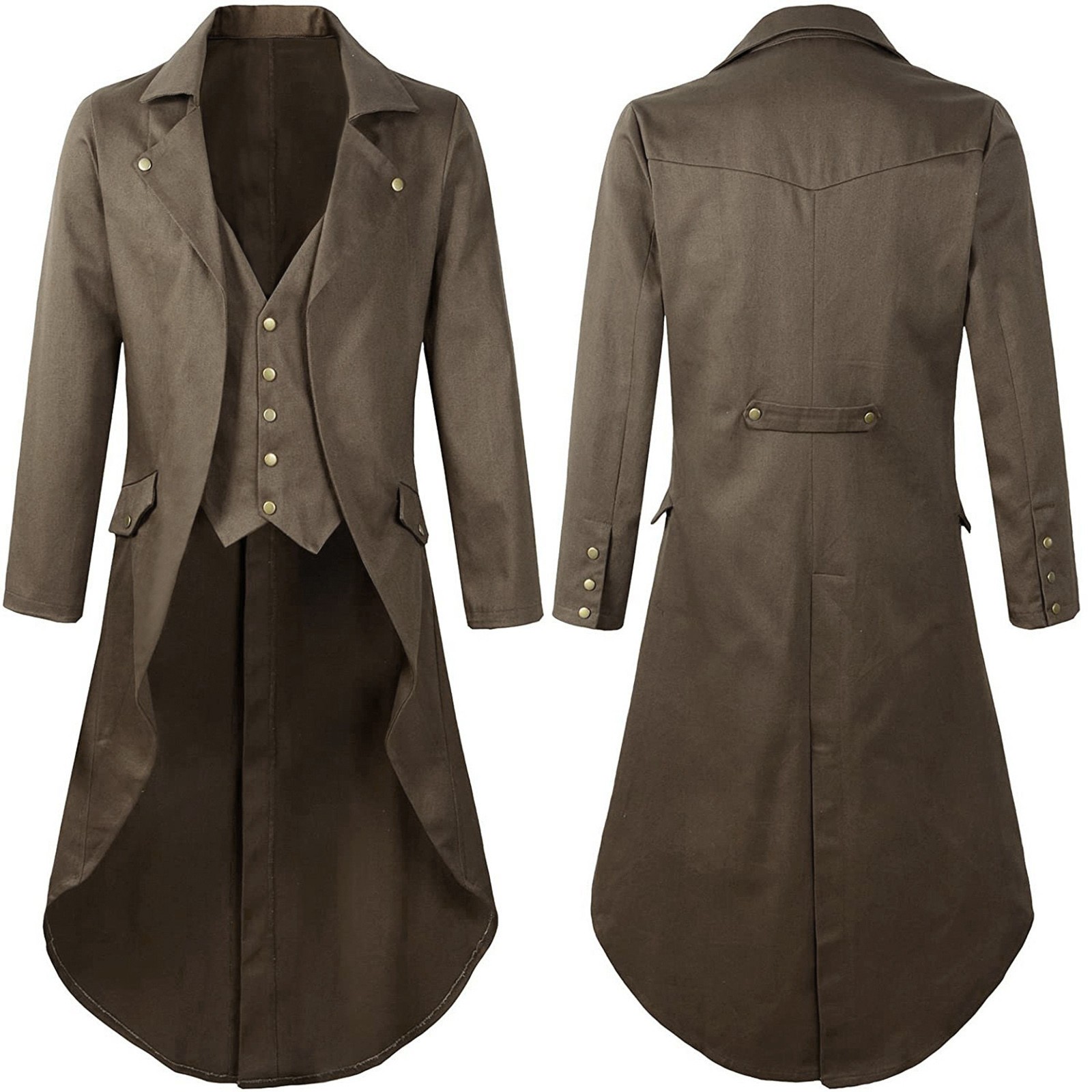 WREESH Mens Gothic Tailcoat Steampunk Medieval Lapel Tuxedo Solid Lightweight Button Trench Coats Stage Performance Costumes Coffee